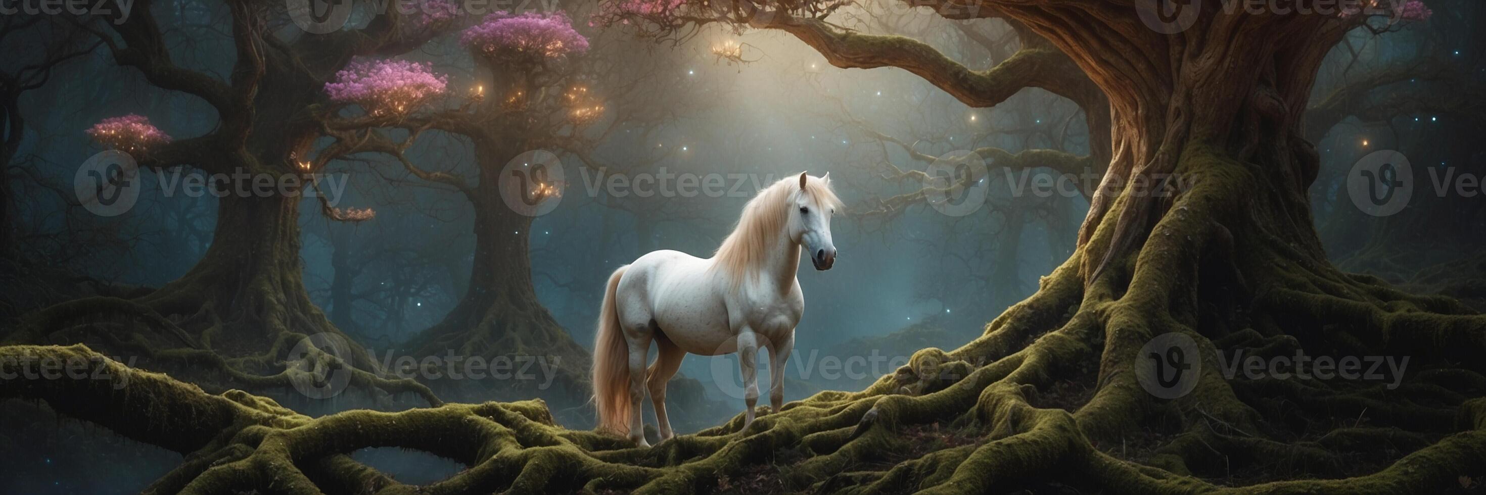 A white horse stands in the middle of a forest photo