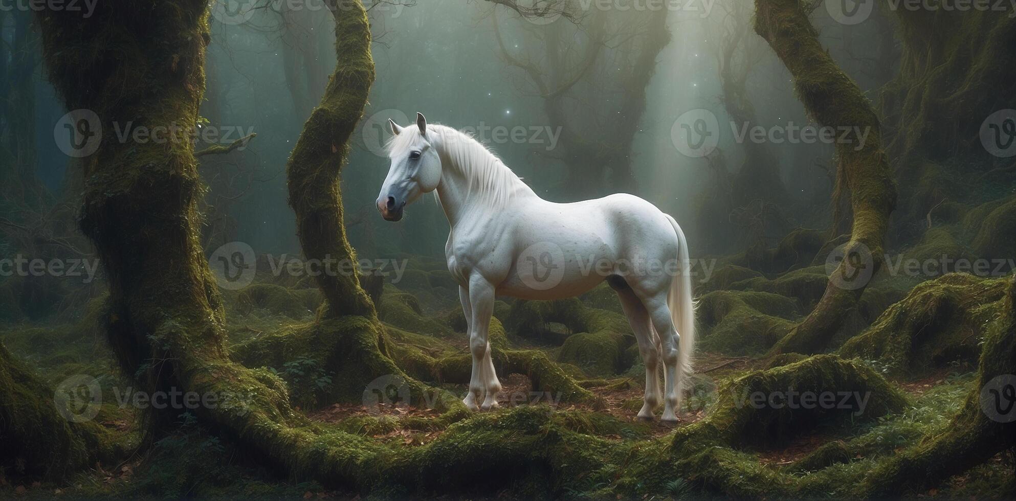 A white horse is standing in the woods photo