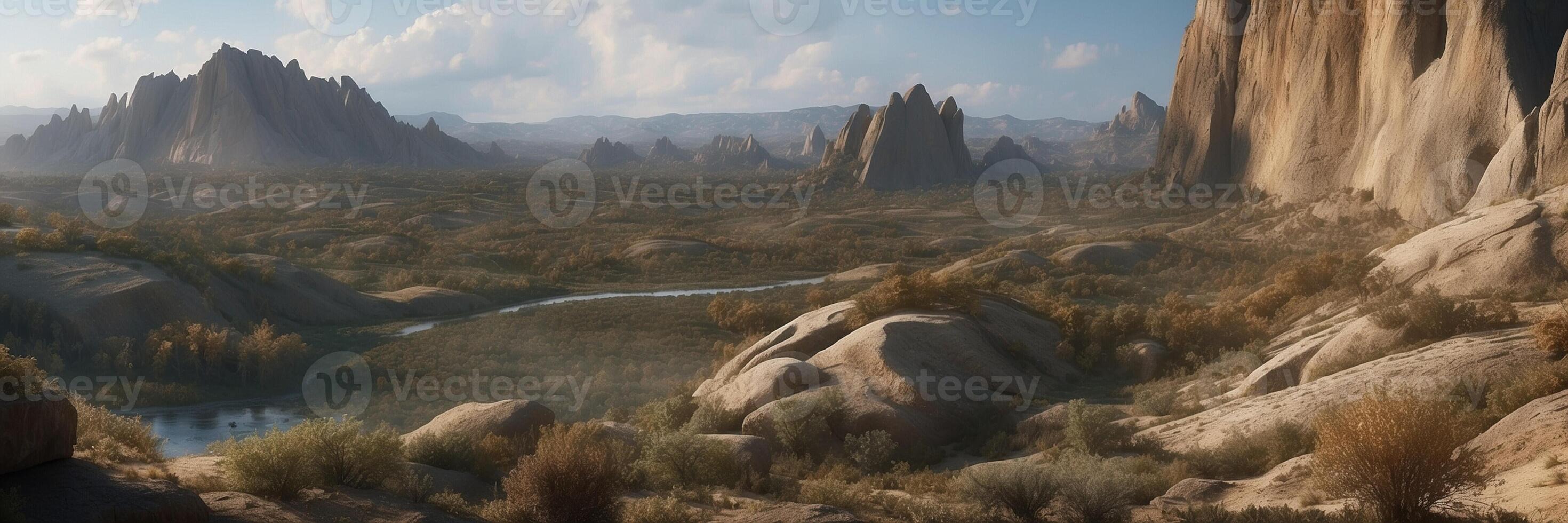 The landscape is very rocky and barren photo