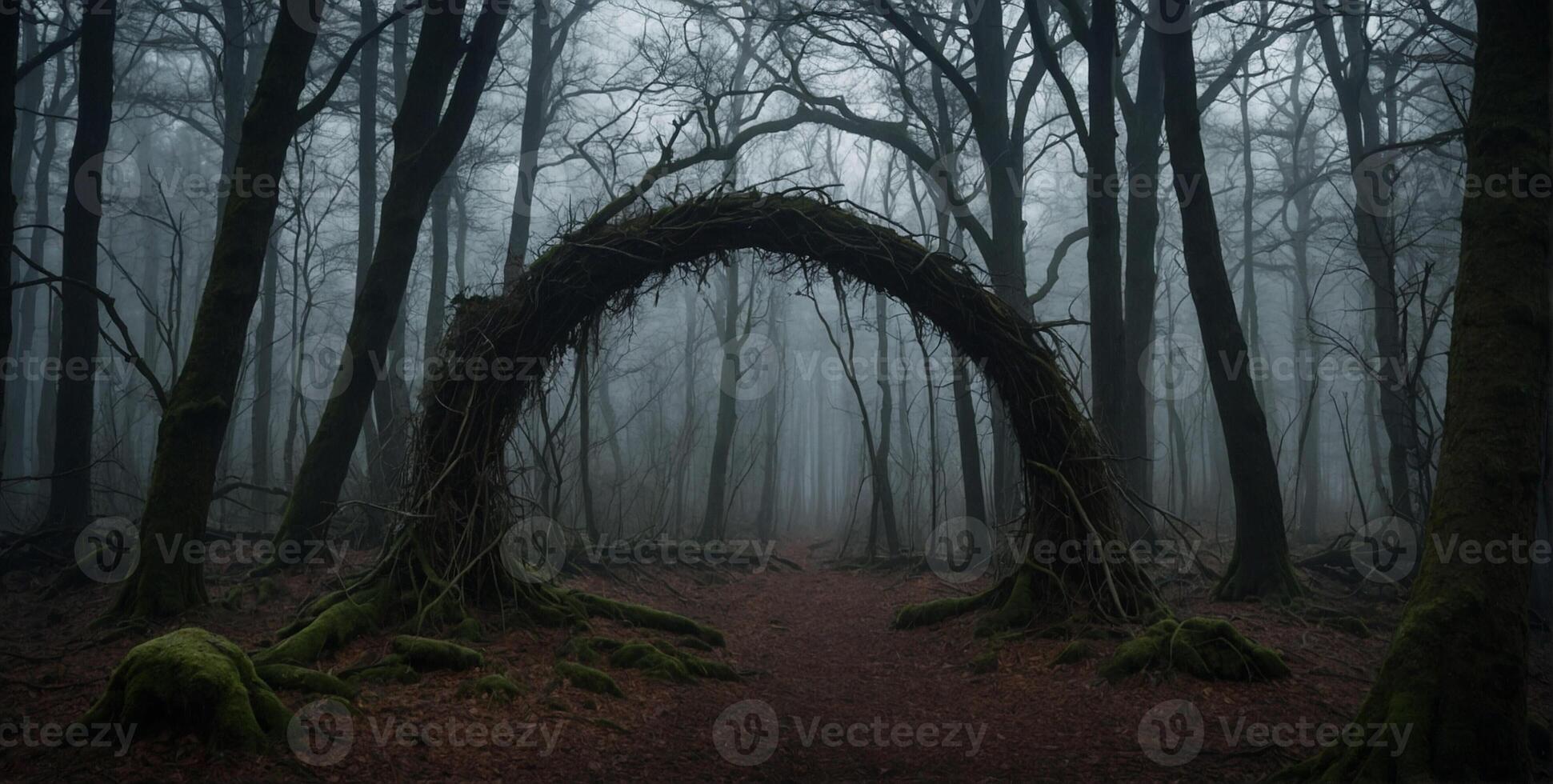 A dark forest with a large arch in the middle photo