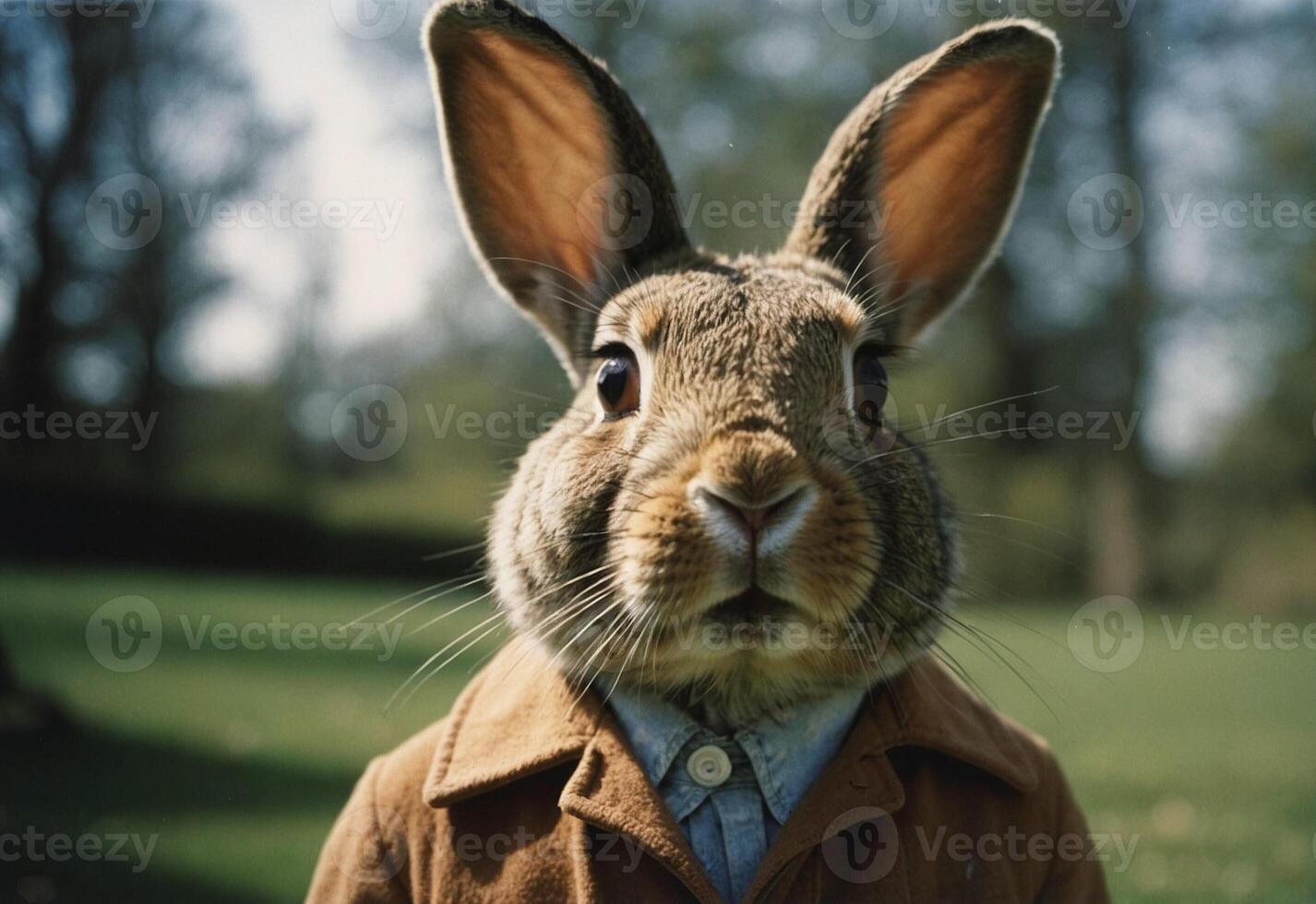 A rabbit wearing a jacket and tie in a field photo