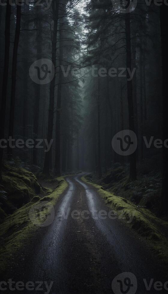 A dark road in the middle of a forest photo