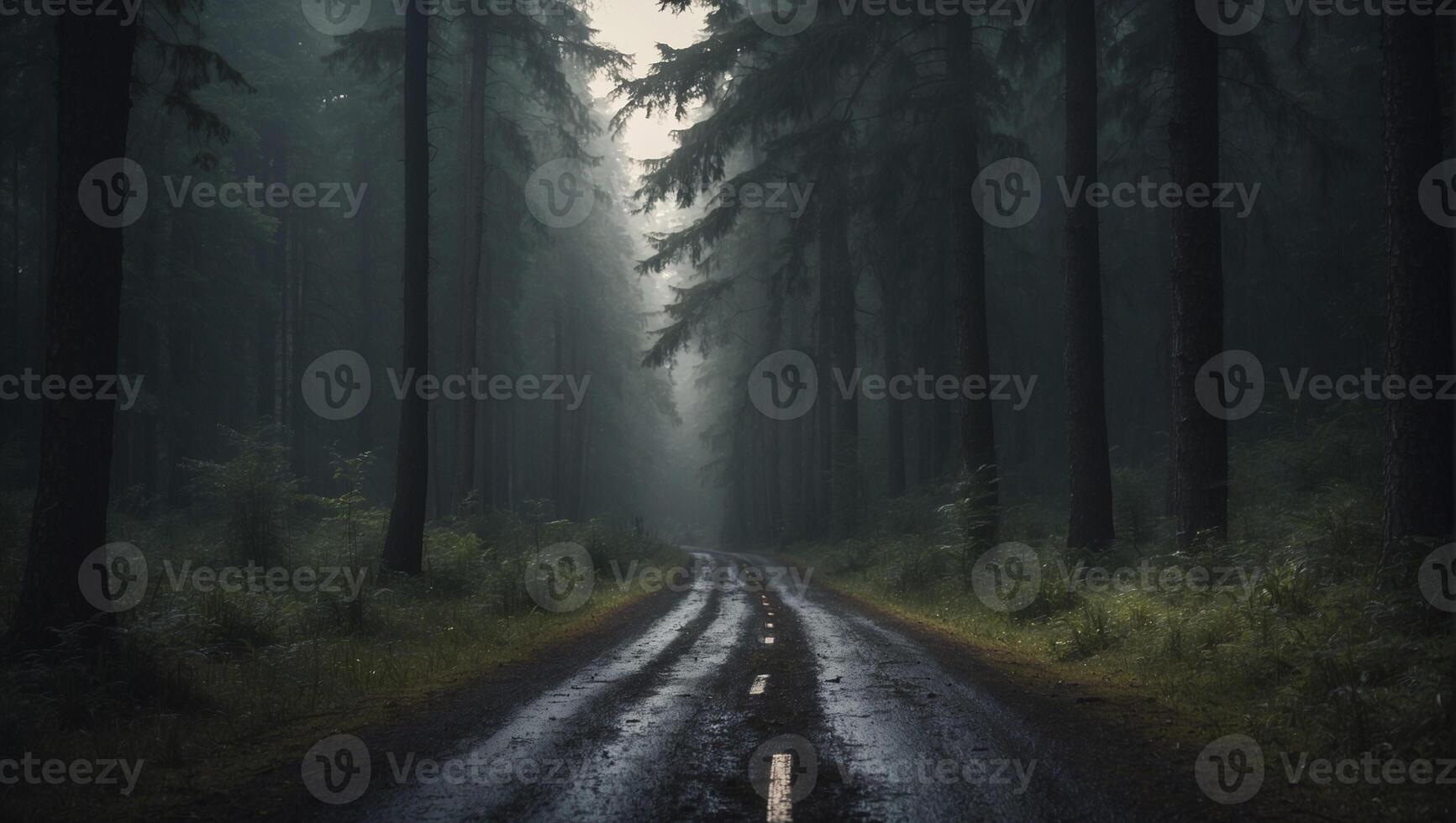 A dark road in the middle of a forest photo