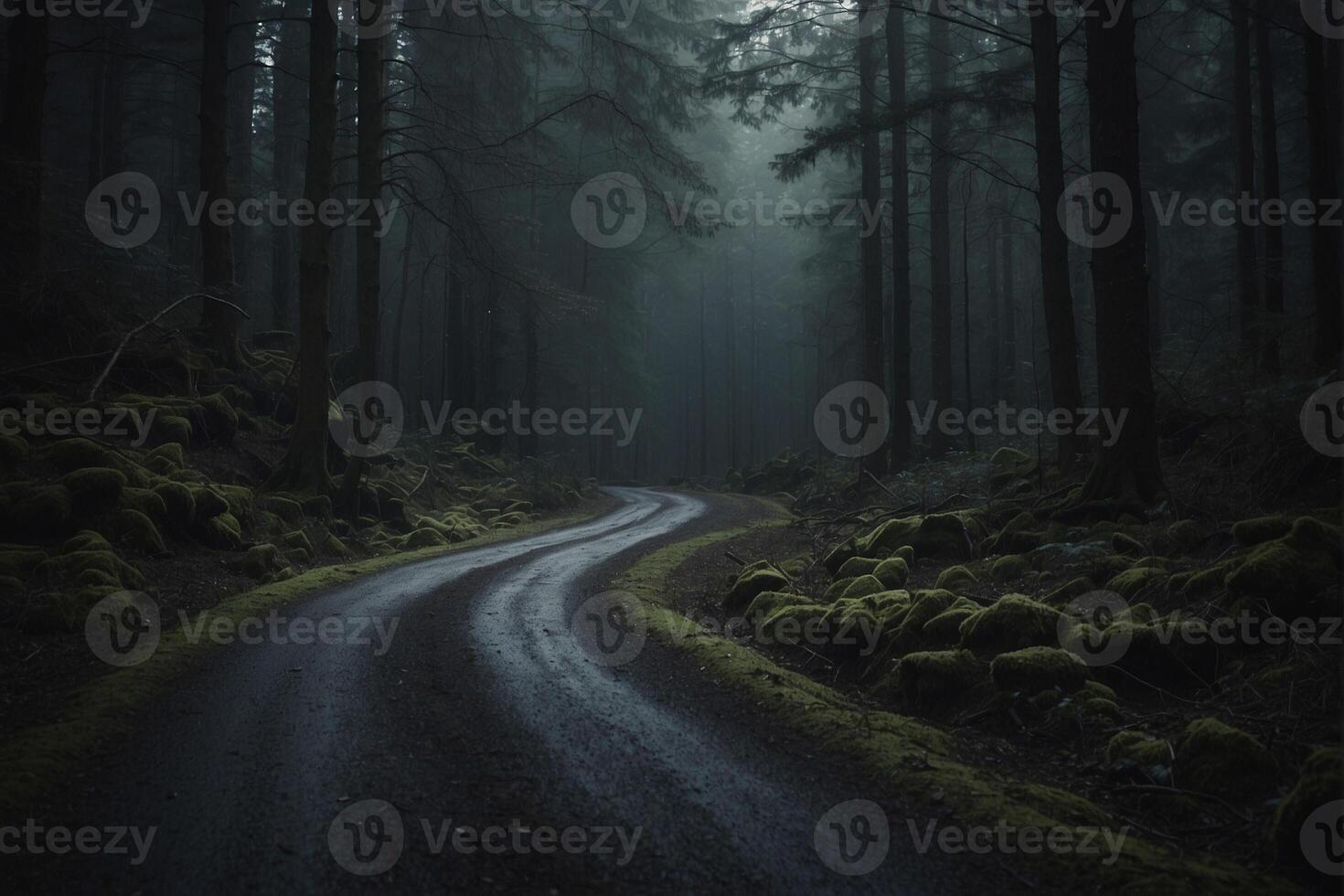 A dark road in the middle of a forest photo