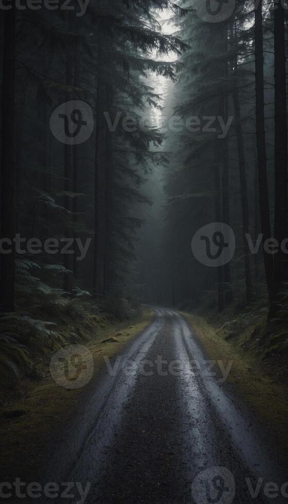 A dark road in the middle of a forest photo