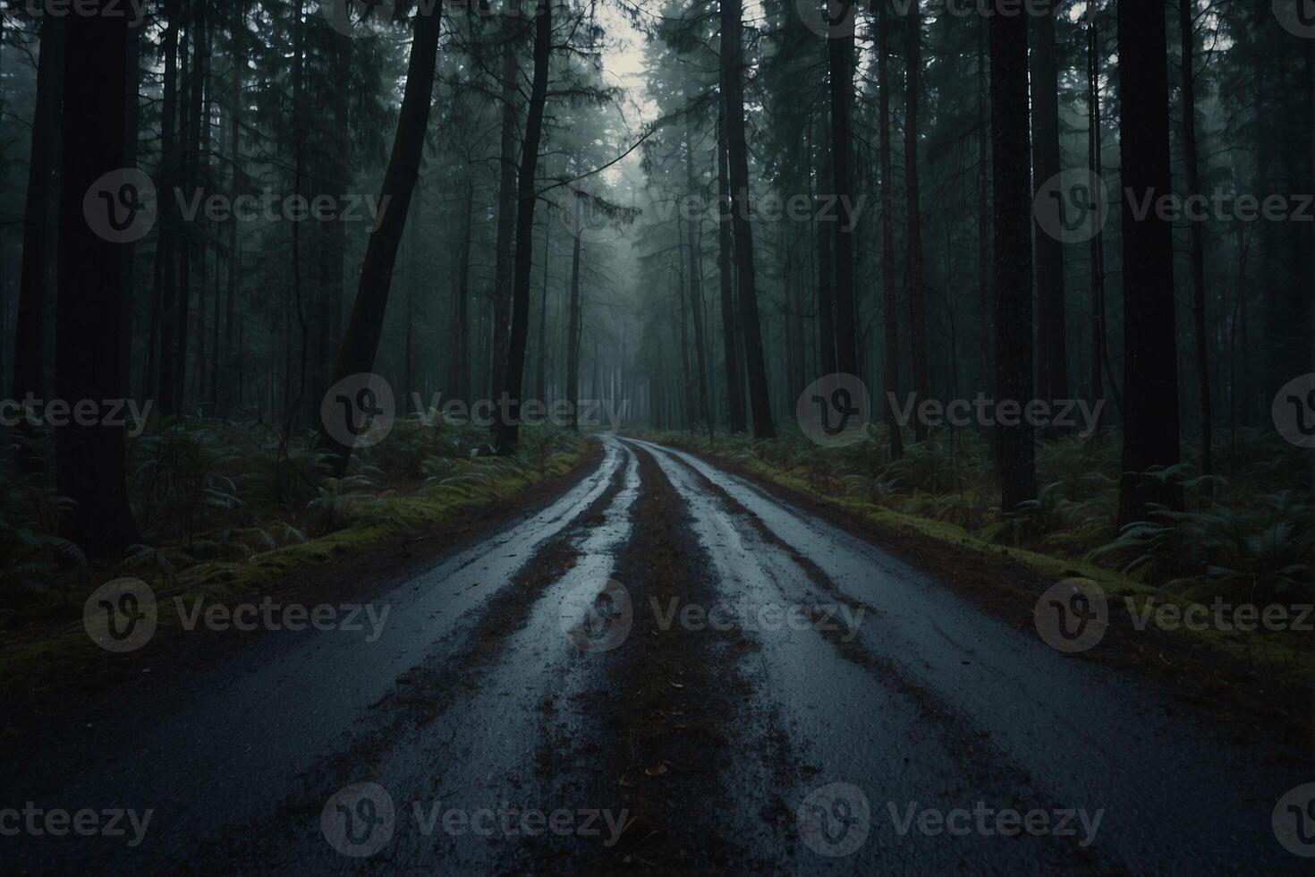 A dark road in the middle of a forest photo