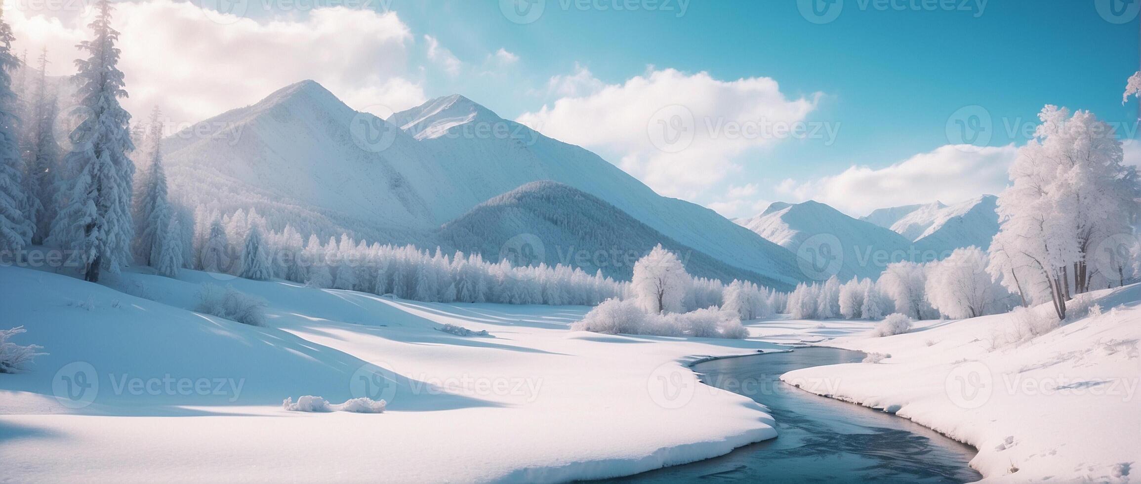 A river runs through a snowy mountain landscape photo