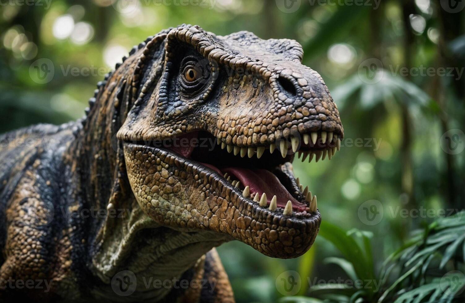 A close up of a t - rex with its mouth open photo