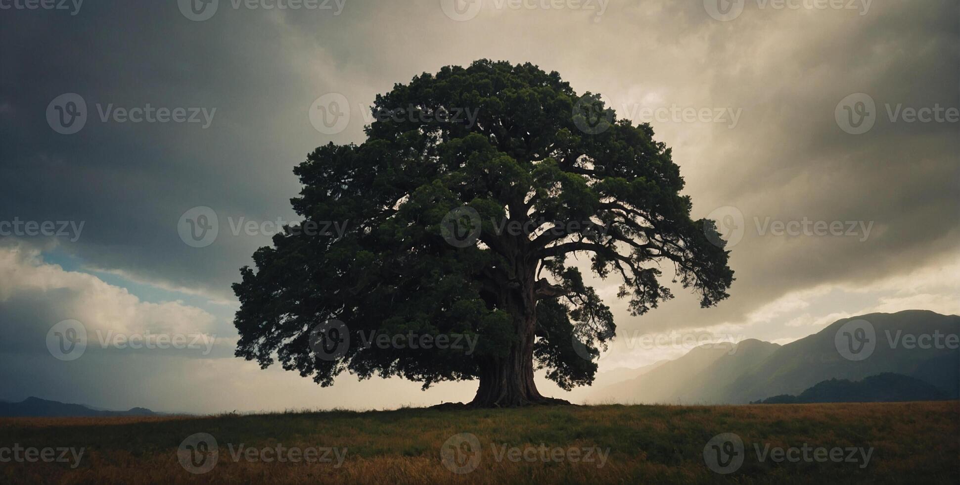 A lone tree stands in a field under a stormy sky photo
