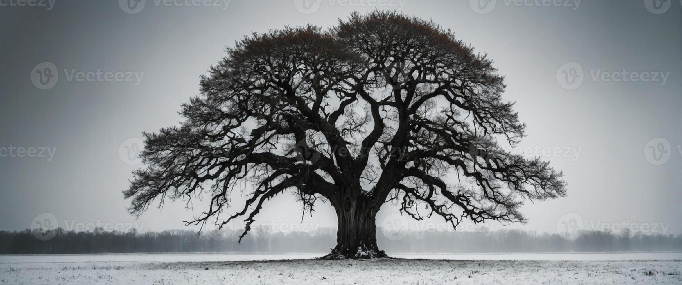 A lone tree stands in the middle of a snowy field photo