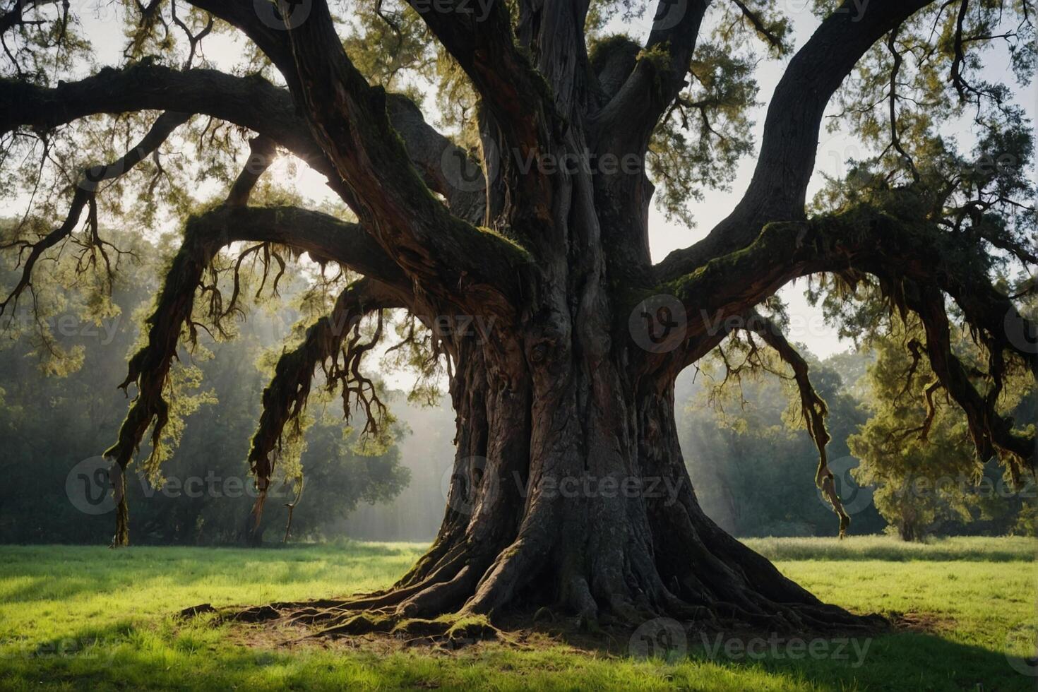 An old oak tree in the middle of a field photo
