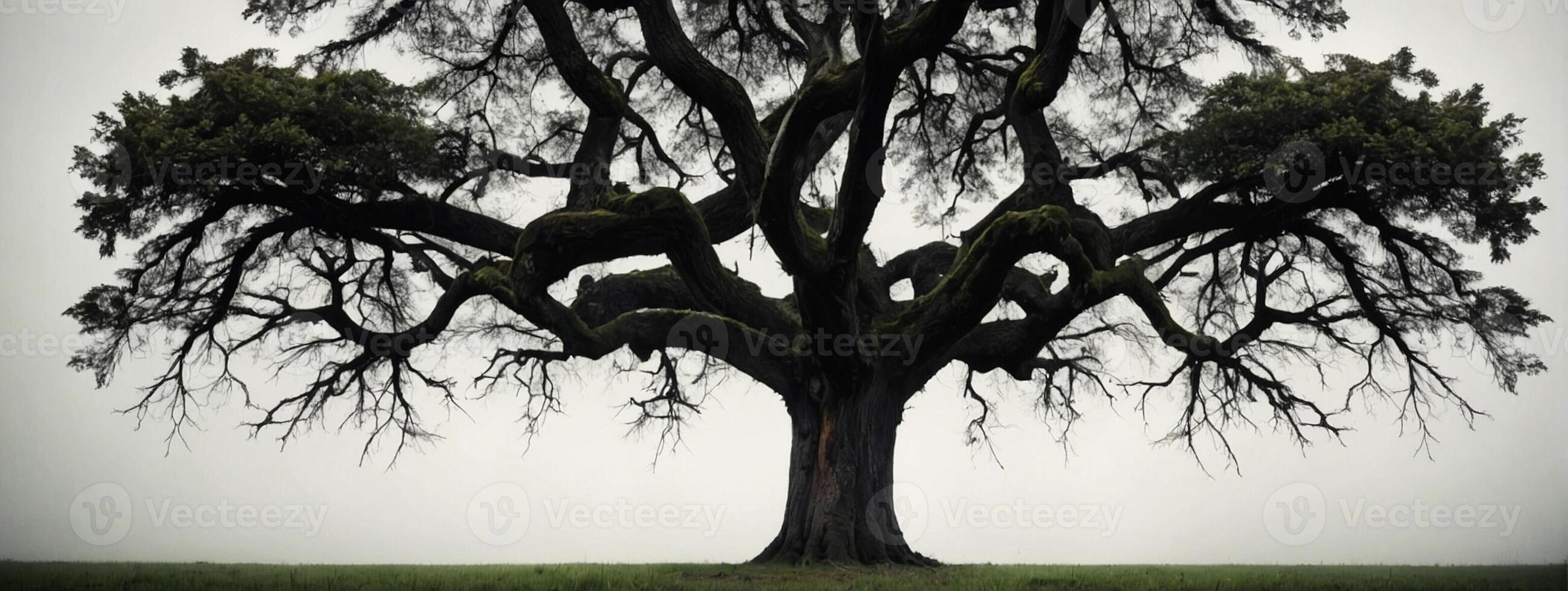 An old tree with no leaves in the middle of a field photo