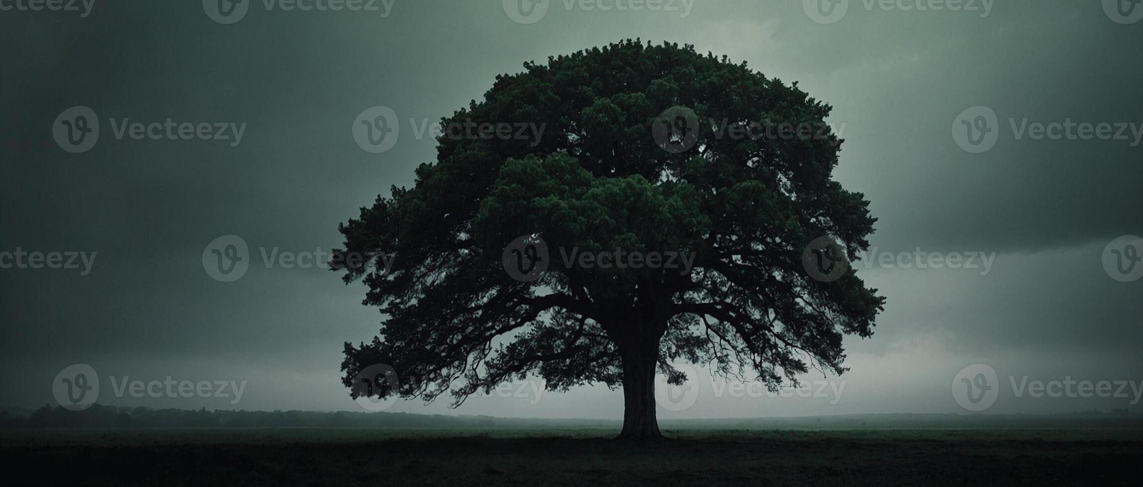 A lone tree stands in a field under a dark sky photo