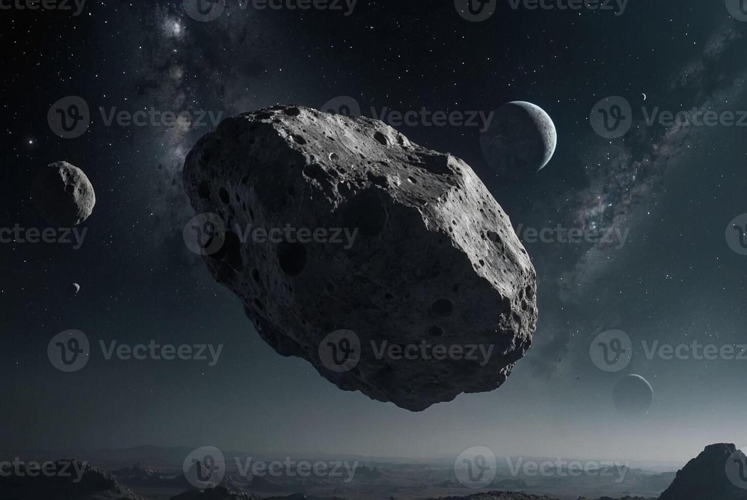 Asteroid Floating Through Space Near Moon and Rocky Terrain photo