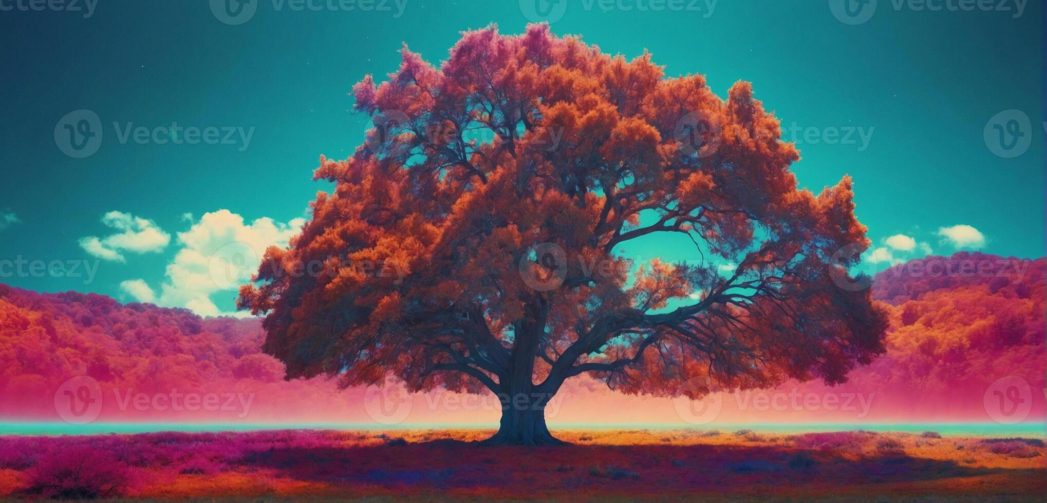 A tree in the middle of a field with a colorful sky photo