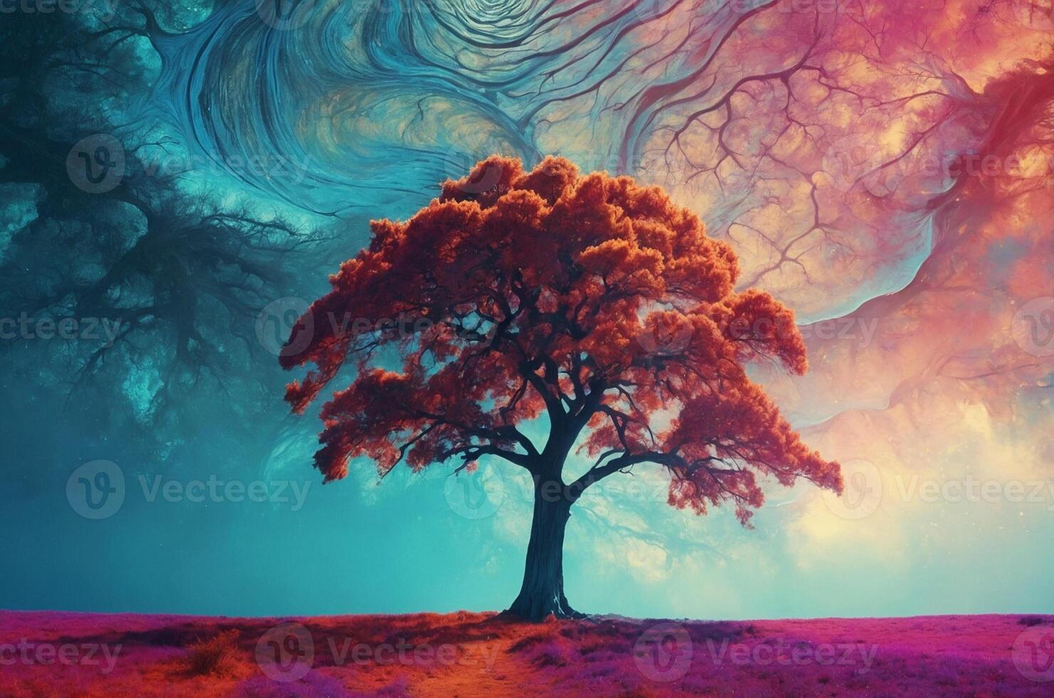 A tree with a colorful background and a colorful sky photo