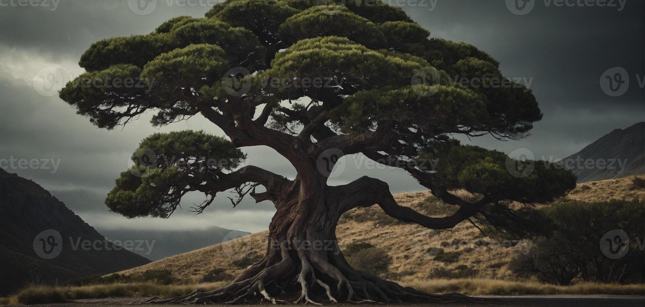 A lone tree stands in front of a mountain photo