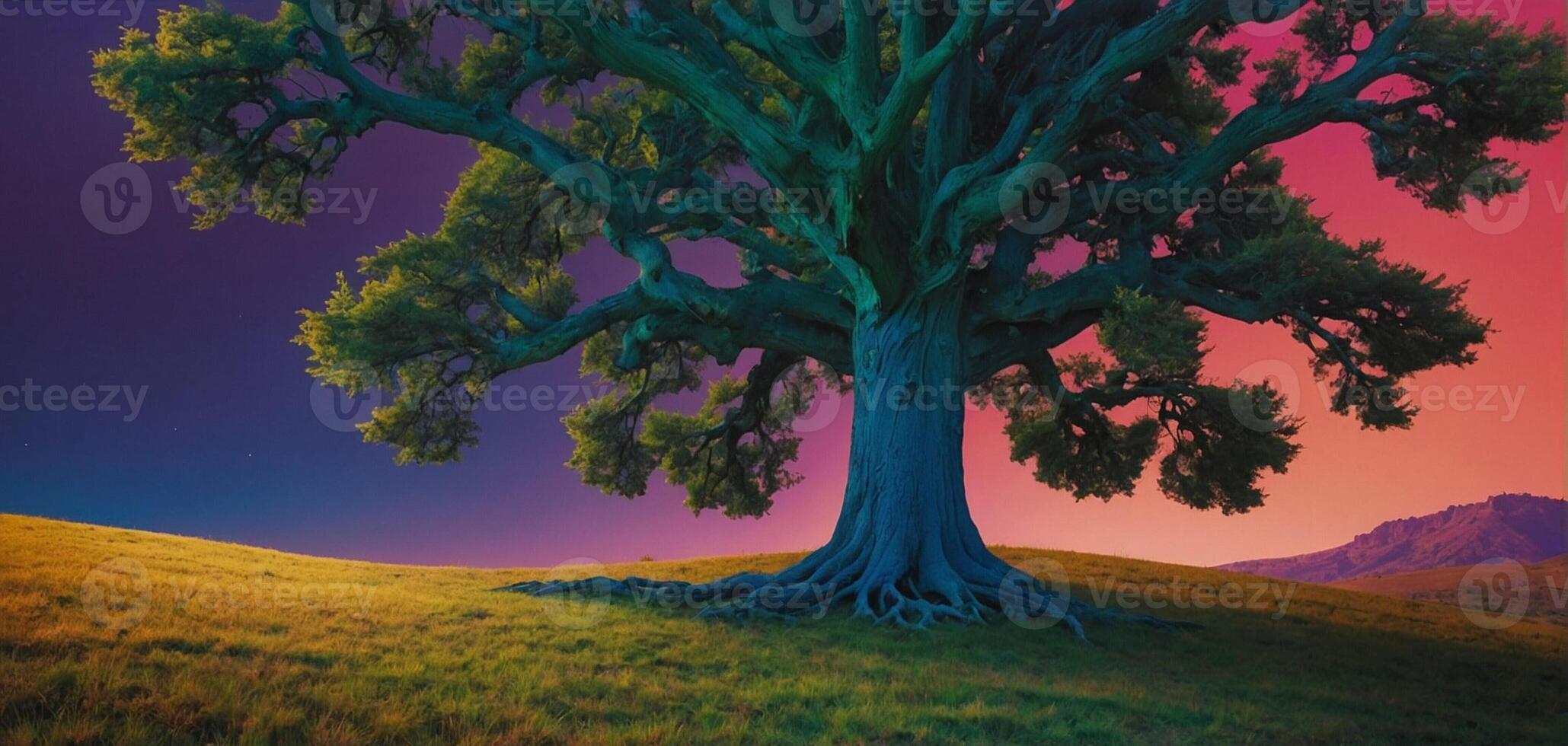 A large tree in the middle of a field photo