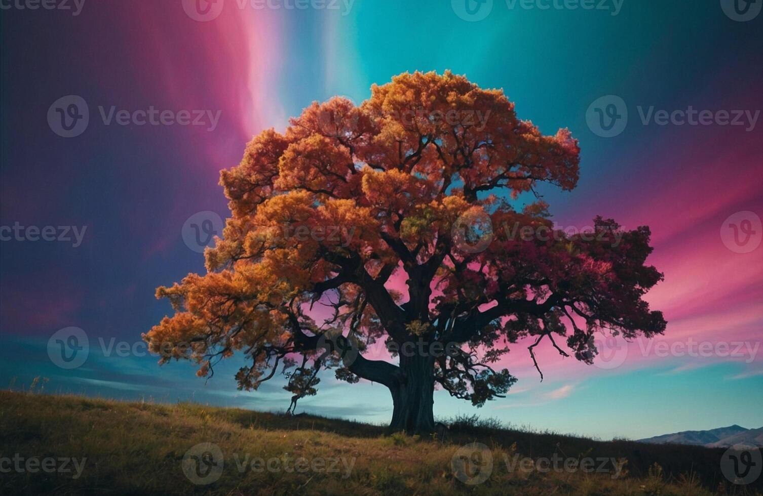 A tree with colorful leaves and a colorful sky photo