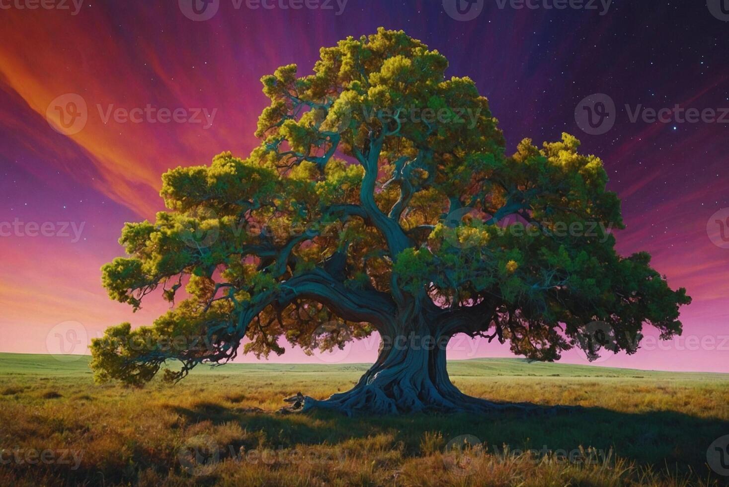 A tree in the middle of a field with a colorful sky photo