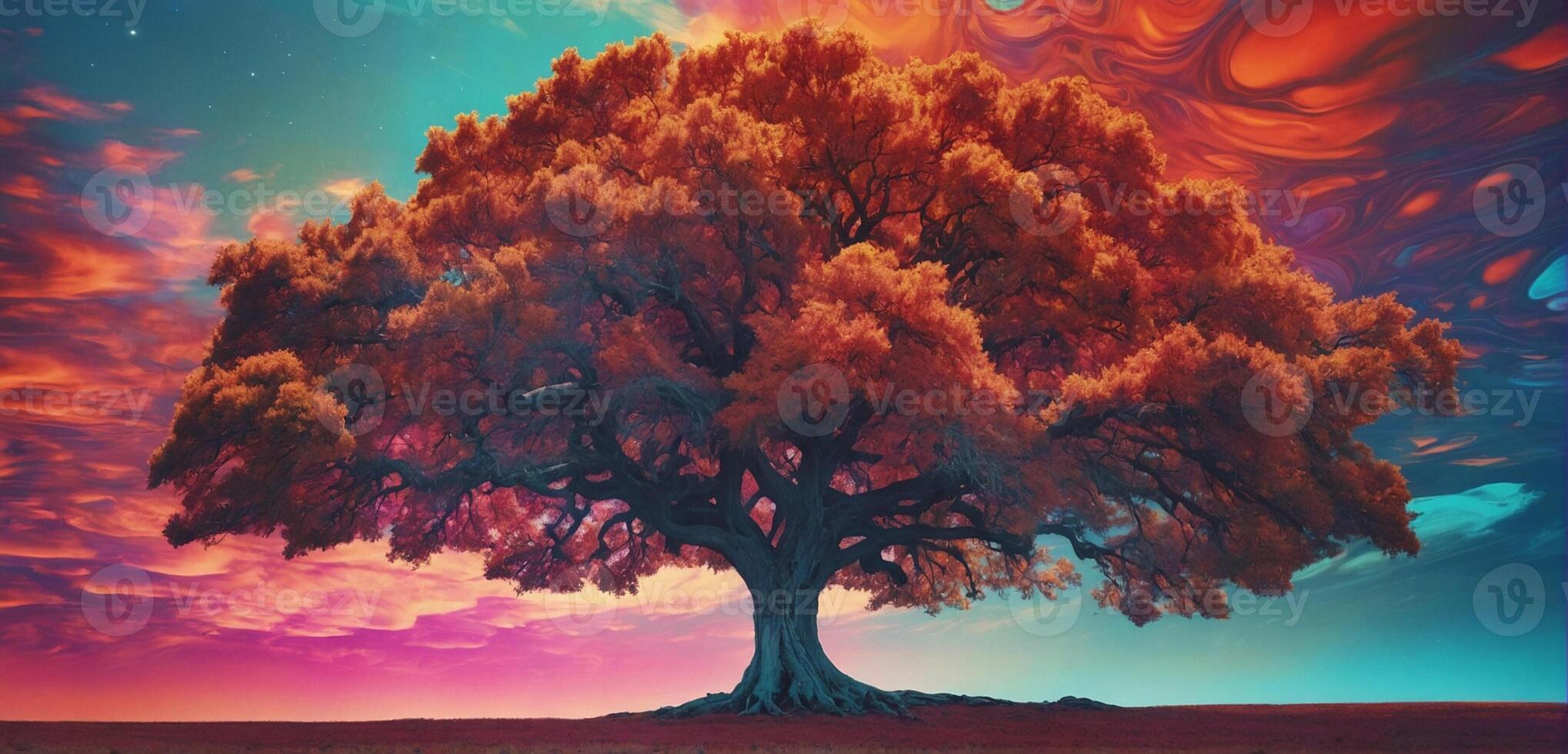A tree with colorful leaves and a colorful sky photo