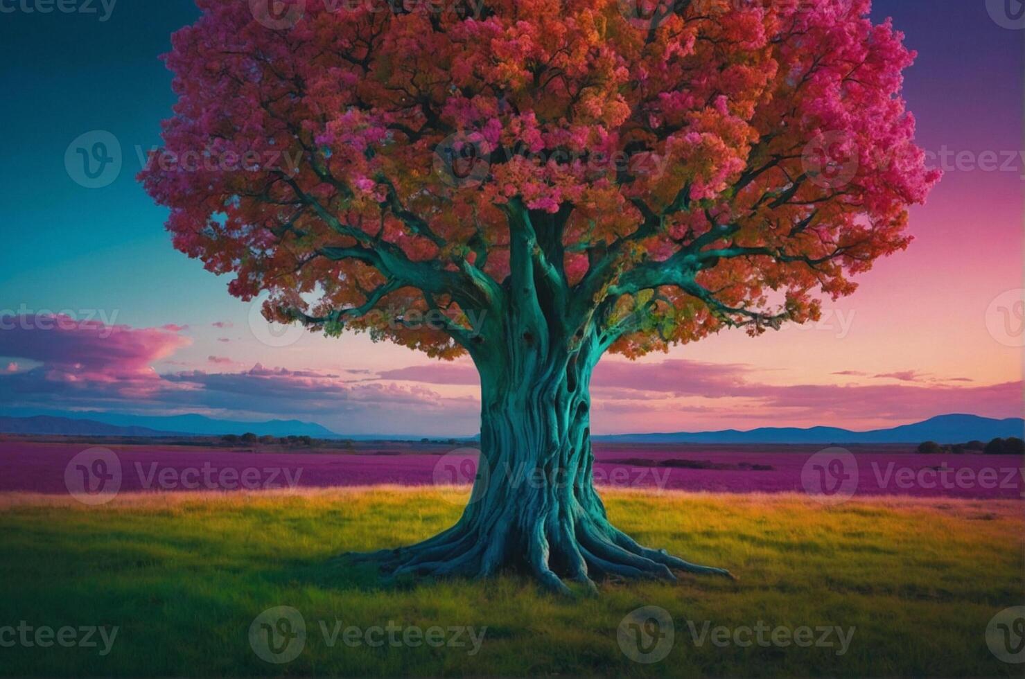 A tree with colorful leaves in front of a purple sky photo