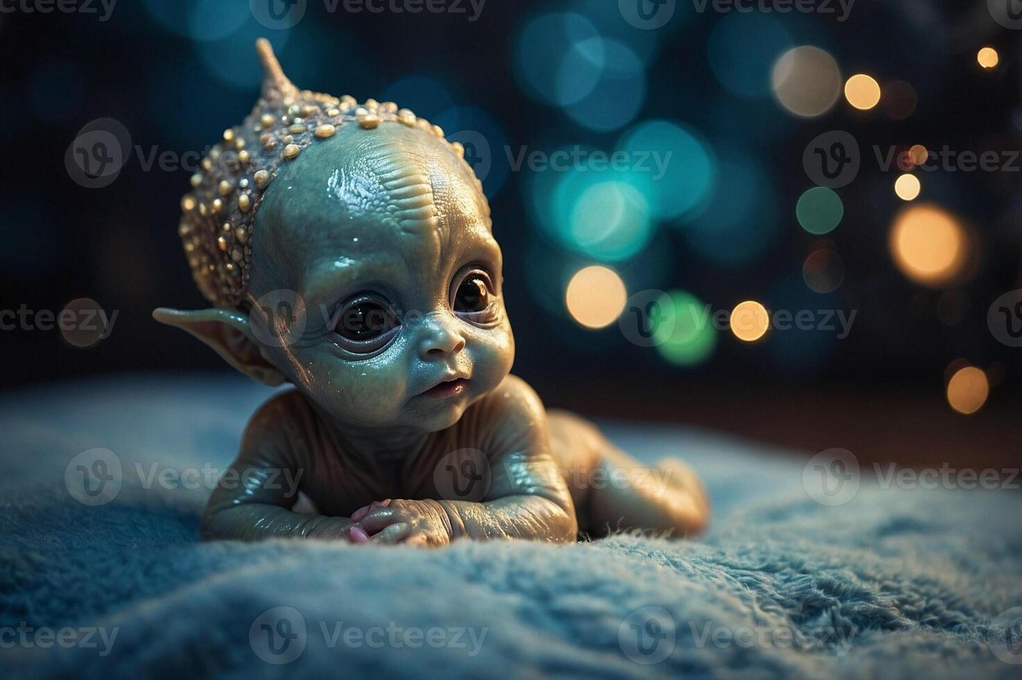 Alien Baby Resting on Soft Fabric Under Ambient Lights photo