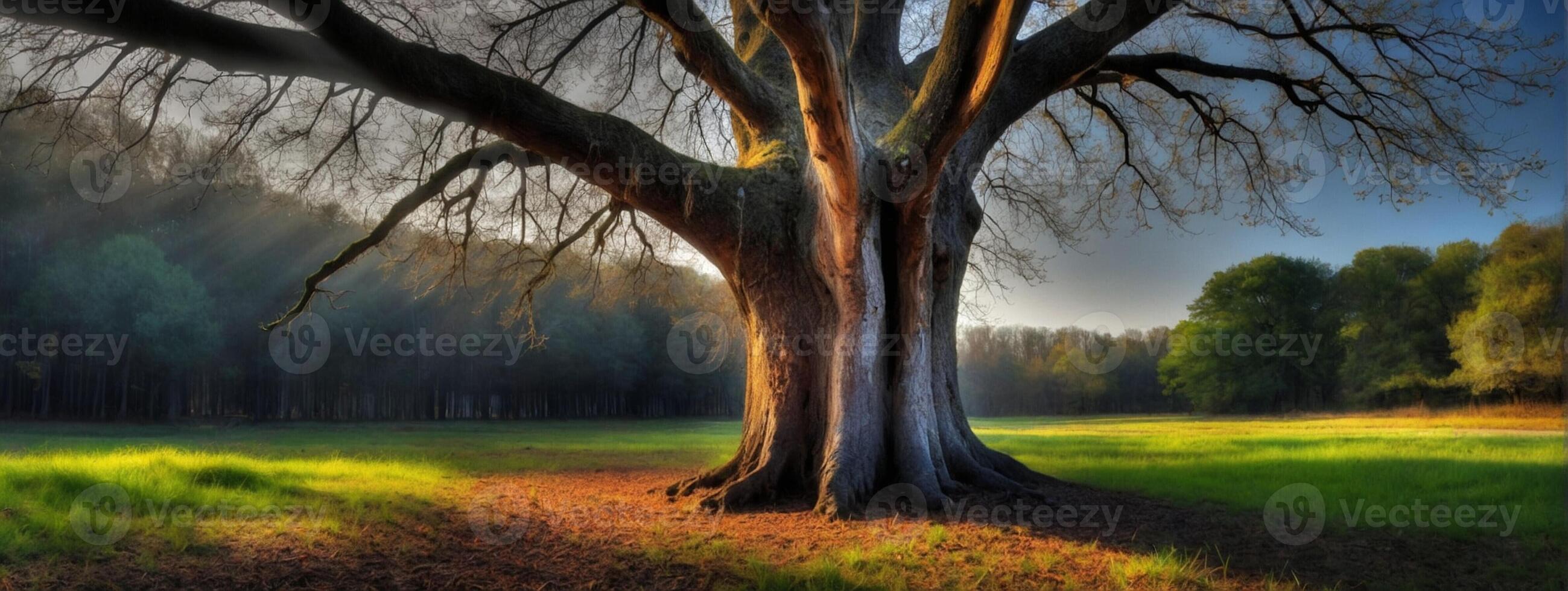 A large tree in the middle of a field photo