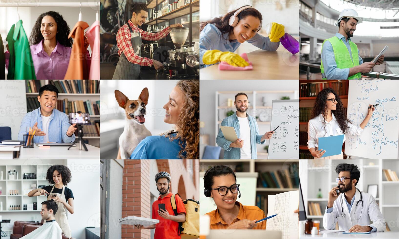 This image showcases a variety of individuals engaged in different professional activities, representing a broad spectrum of modern careers. photo
