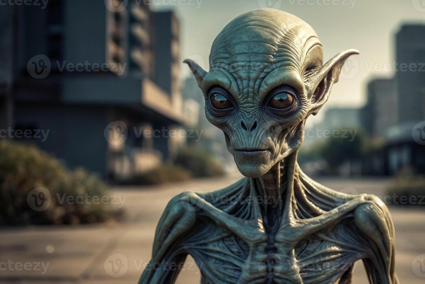An alien is standing in the middle of a city photo