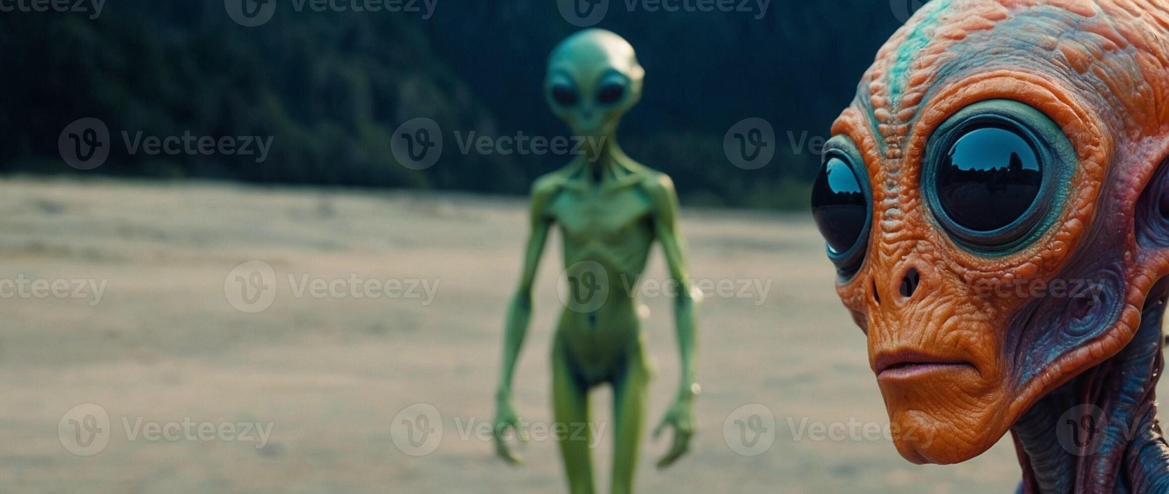 An alien with orange skin and big eyes standing next to a man photo