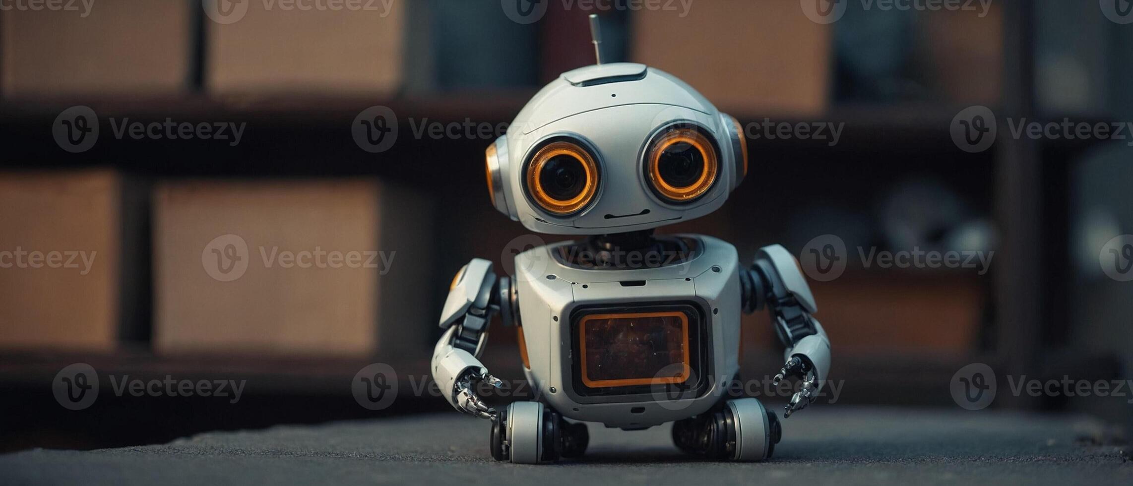 A robot with orange eyes sitting on a table photo