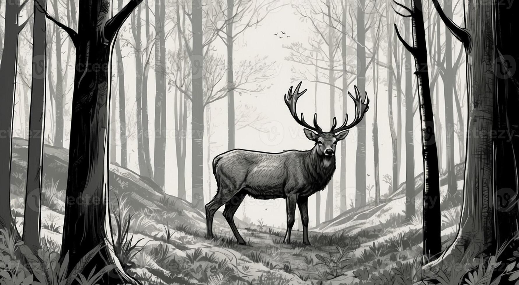 A black and white drawing of a deer in the woods photo