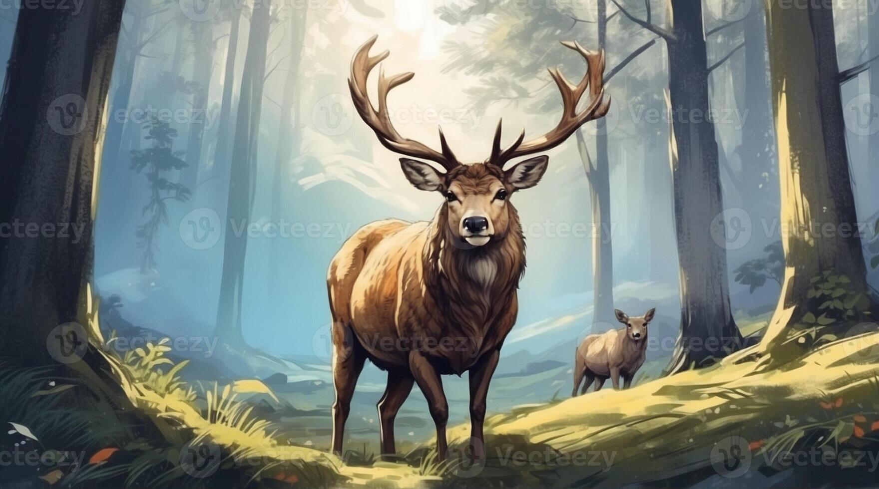A painting of a deer in the woods photo