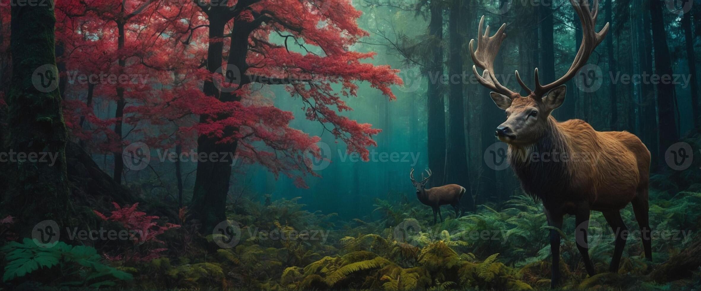 A deer in the forest with red trees photo
