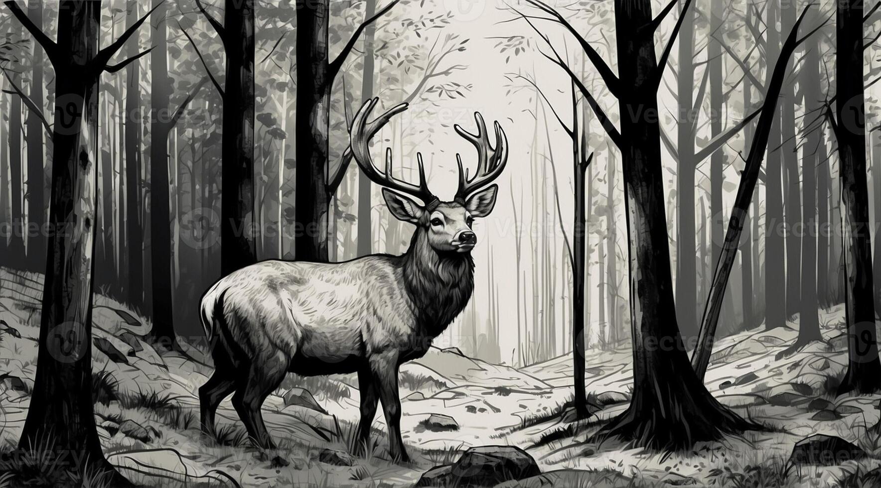 A black and white drawing of a deer in the woods photo