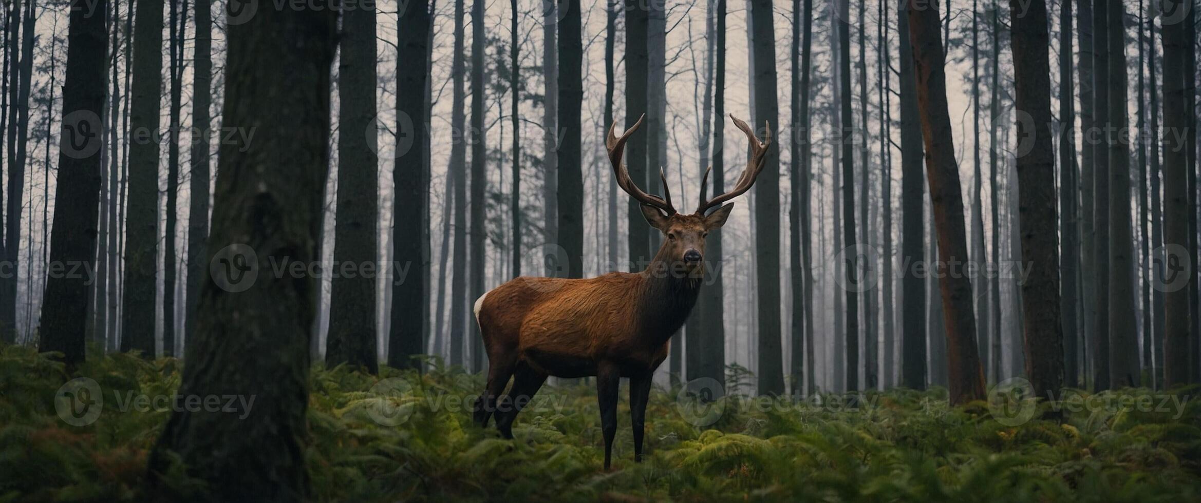 A deer stands in the middle of a forest photo