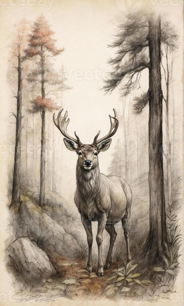A drawing of a deer in the woods photo