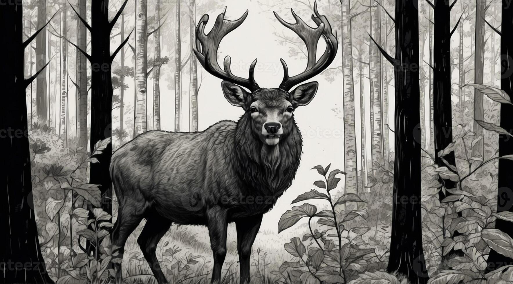 A black and white drawing of a deer in the woods photo