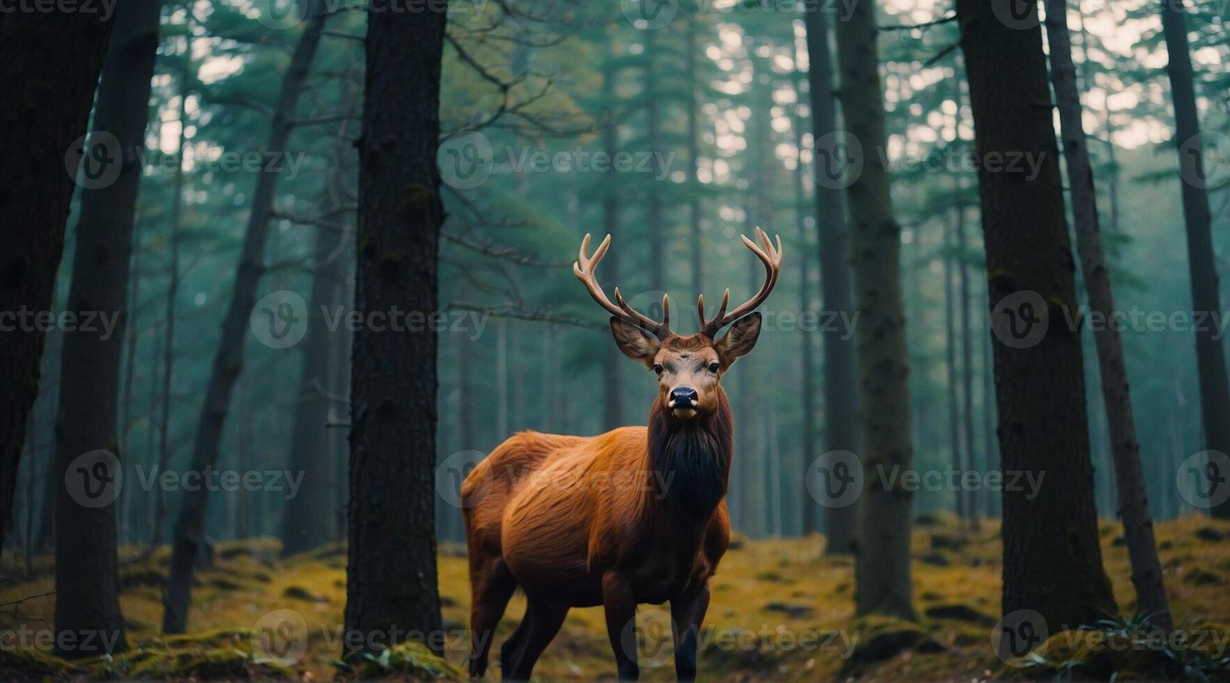 A deer stands in the middle of a forest photo