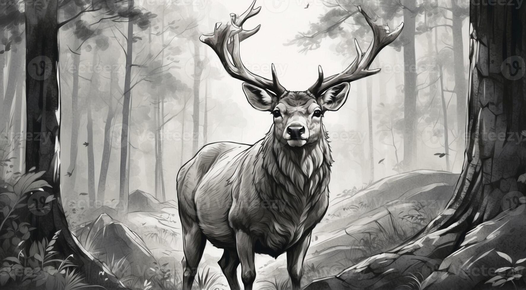 A black and white drawing of a deer in the woods photo