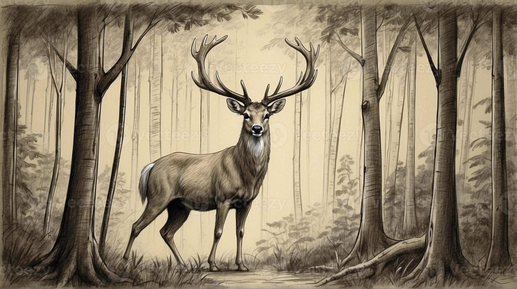 A drawing of a deer in the woods photo