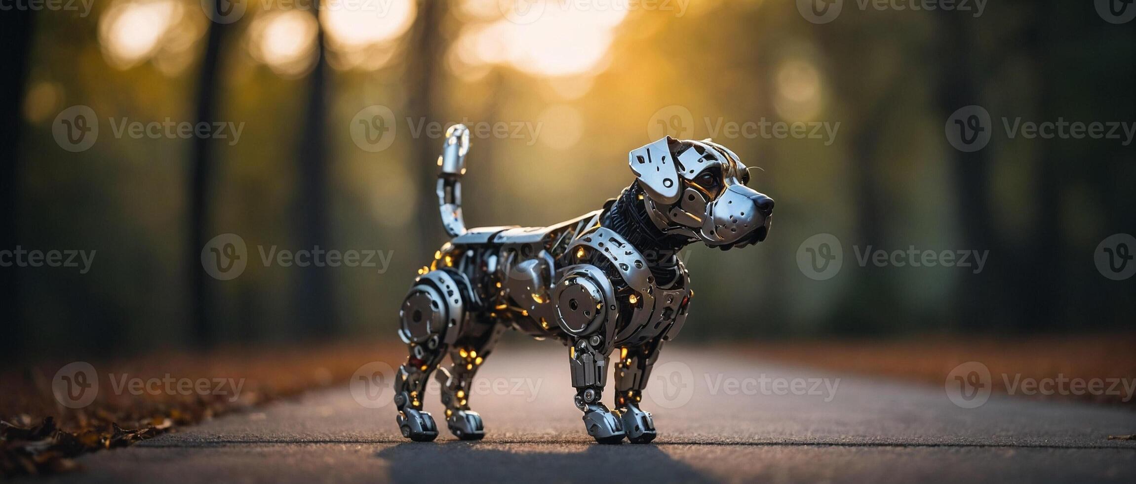 Metal Robot Dog Standing on Road in Forest photo