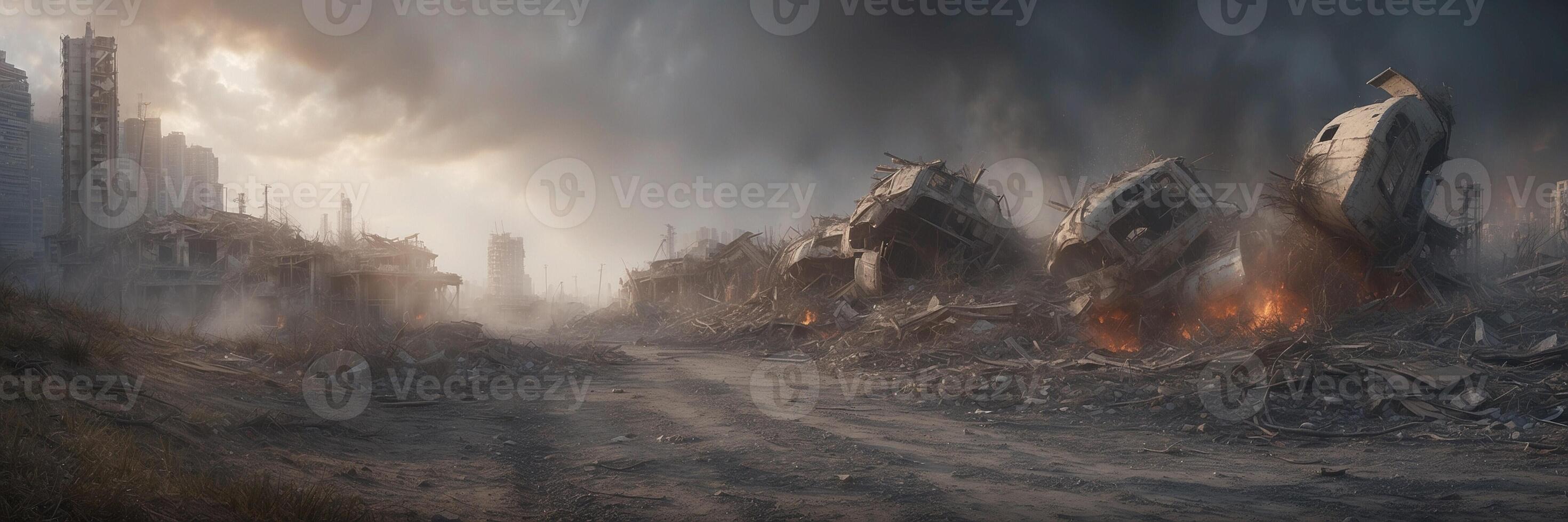 The city is destroyed and there is a lot of smoke coming out of the buildings photo