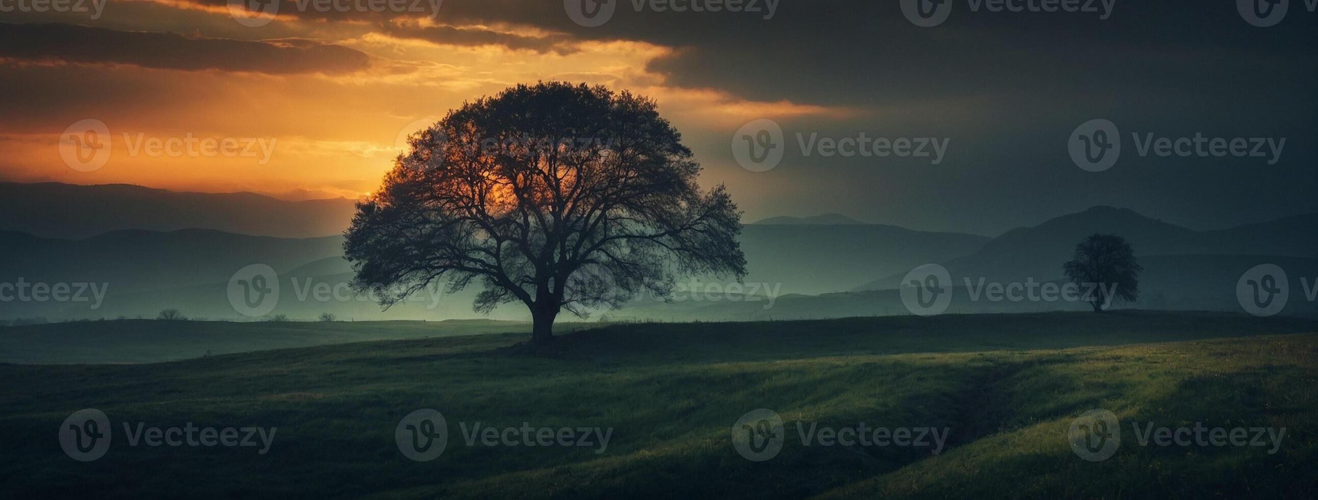 A lone tree stands on a grassy hill with a sunset in the background photo