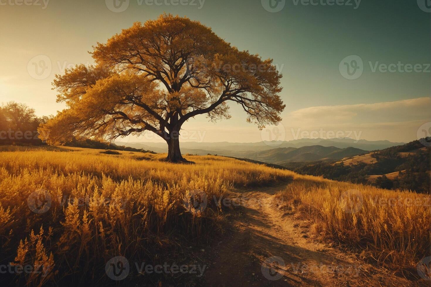 A lone tree stands in the middle of a field photo