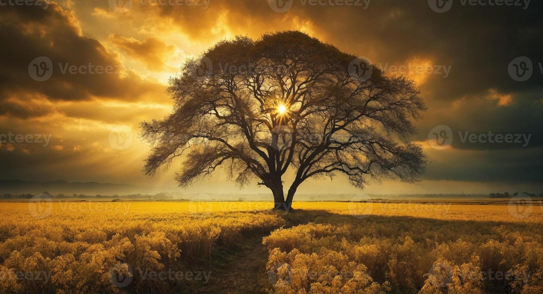 A tree stands in a field with the sun shining through the clouds photo