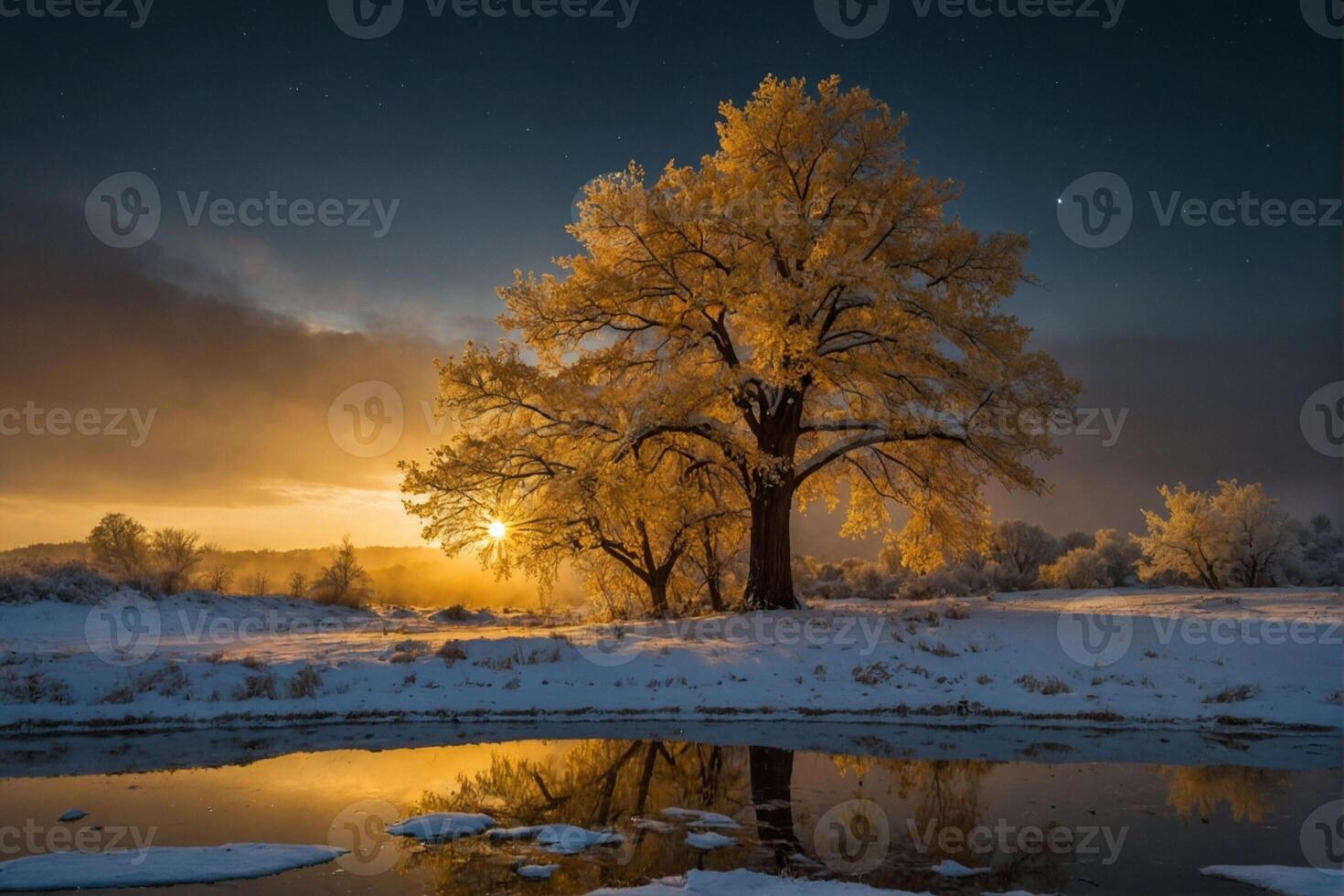 A tree in the snow with a moon and stars photo