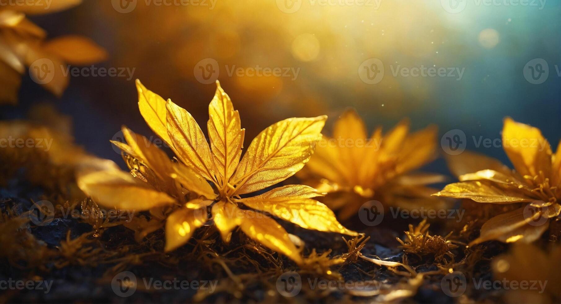 Autumn leaves on the ground with sunlight shining through photo