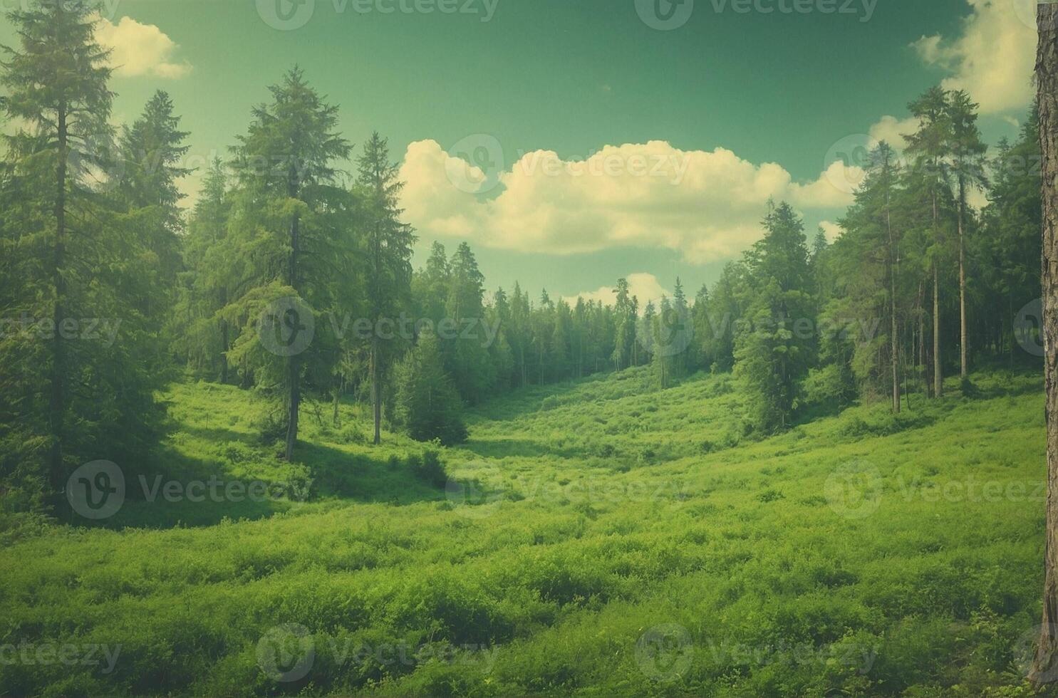 A green forest with trees and grass photo